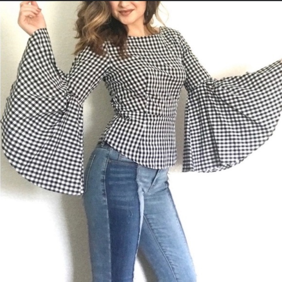 Nanette Lepore Black/White Checker Oversize Bell Sleeve Cotton Peasant Top (M) - Picture 1 of 16